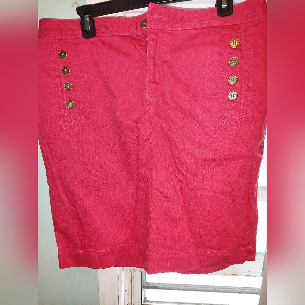 Red denim mini skirt
